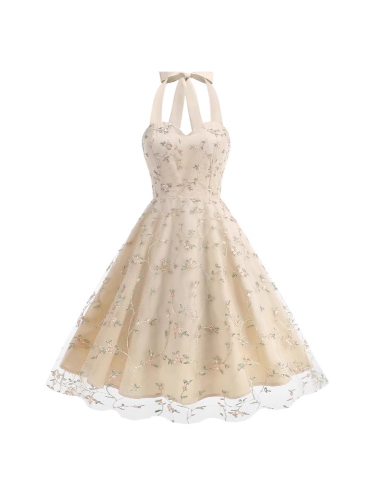Robe mi-longue en maille brodée à imprimé Floral, mode d'été élégante, col licou, robes de soirée d'anniversaire à lacets