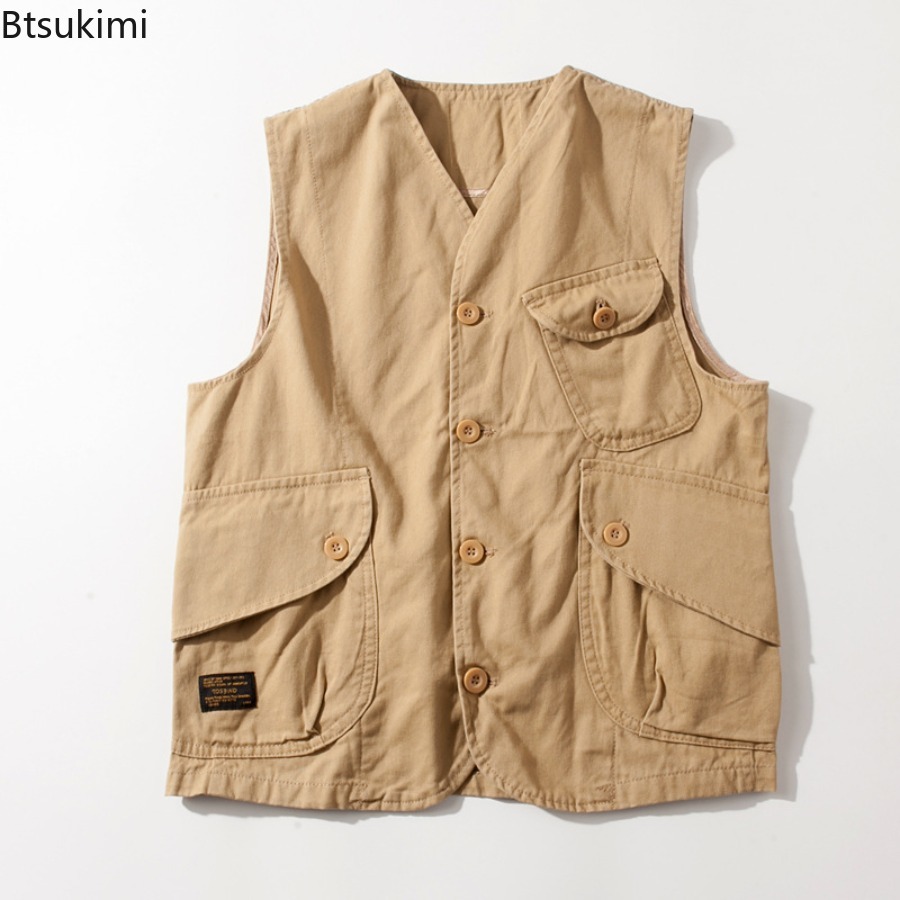 Gilet décontracté sans manches rétro pour homme, veste de travail polyvalente tendance pour homme, gilet cargo de voyage et de tir avec poches