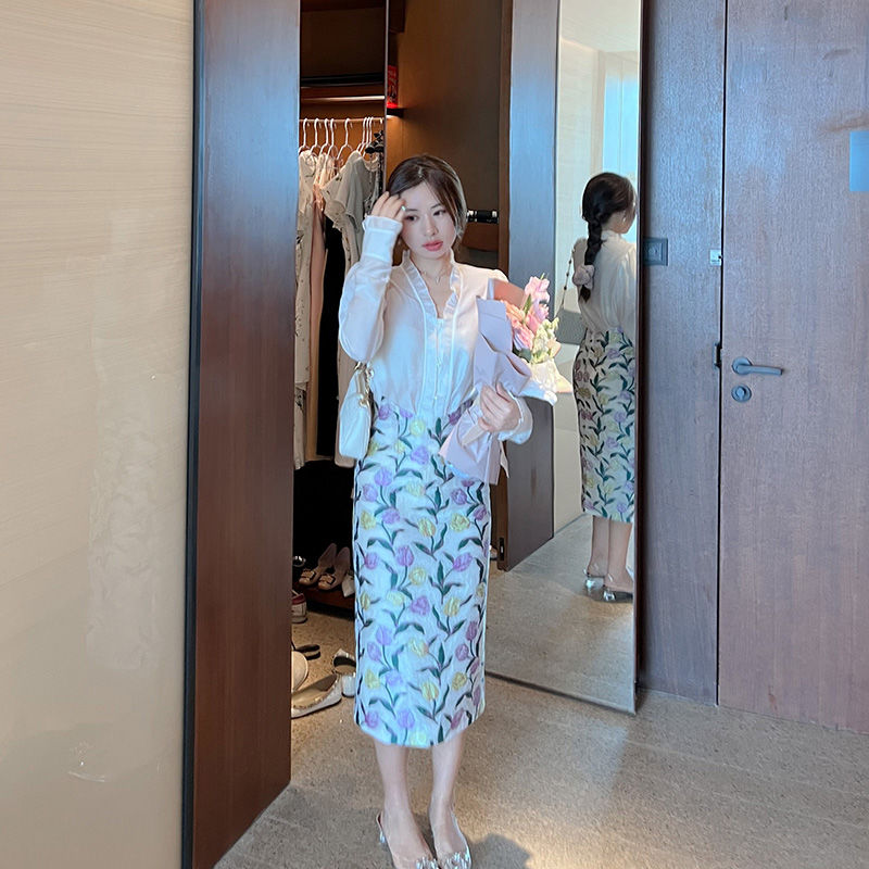 Matakawa-Jupes florales jacquard pour femmes, printemps, été, doux, mode coréenne, dame de bureau élégante, longue