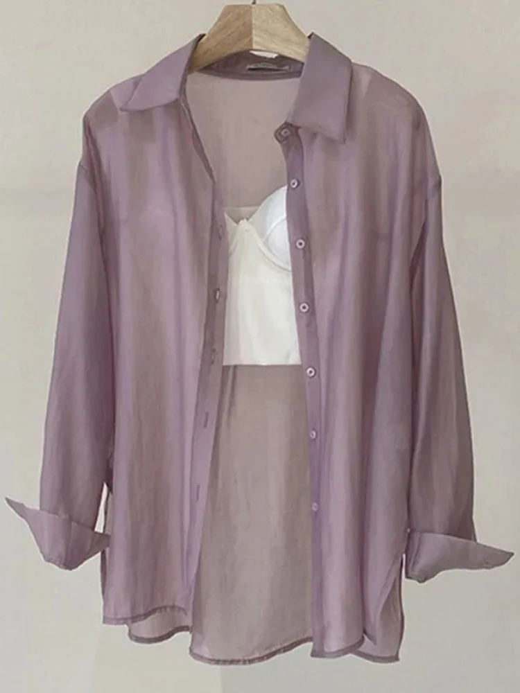 Chemise en maille pour femmes, vêtements d'été fins, manches longues, ample, Chic coréen, gaze fine, doux, étudiant, revers, vêtements de protection solaire