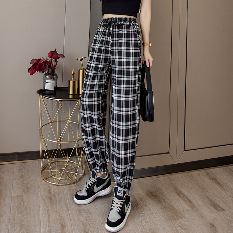 Pantalons femmes nouveau bouquet de pieds mode ample noir Plaid été Harajuku étudiants Streetwear sarouel pantalons longs femmes Chic