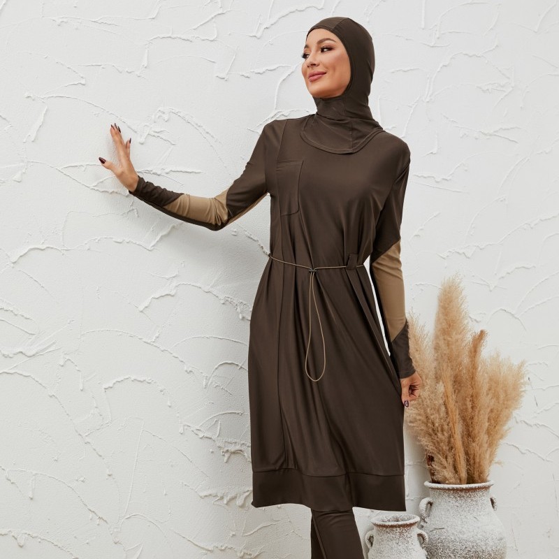 Maillot de bain musulman pour femme, ensemble 3 pièces, robe modeste, pantalon taille haute, hijab, col rond, couvrant entièrement le corps
