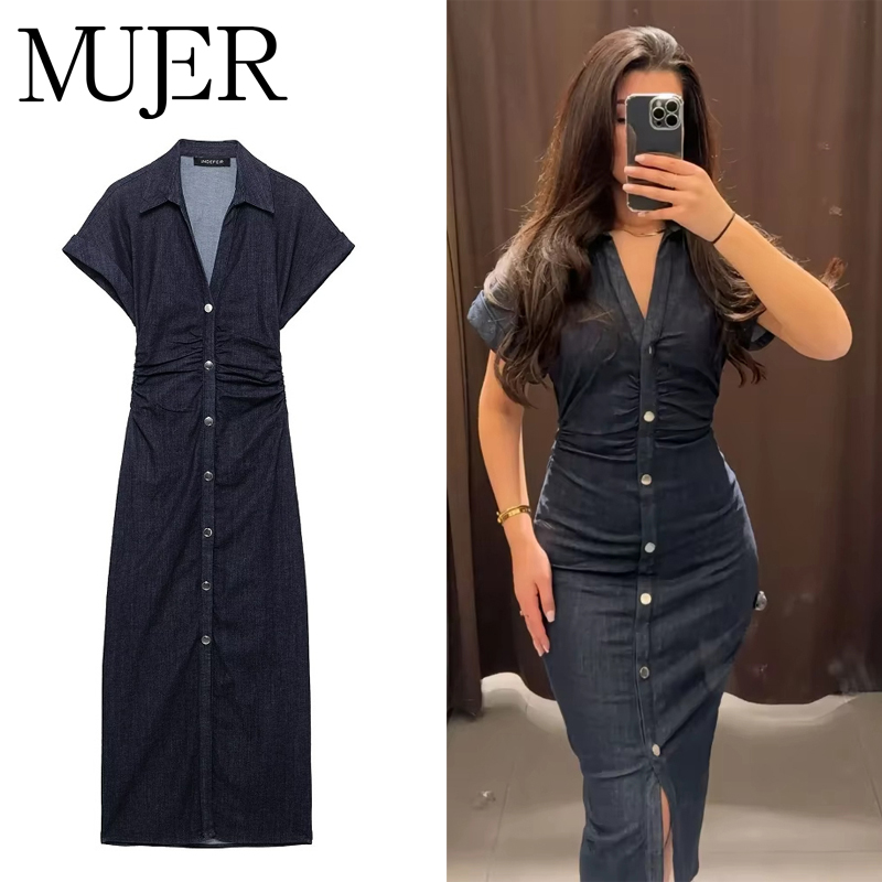 MUJER 2026 Denim robe longue femme bouton plissé robes mi-longues pour femmes à manches courtes jean robe femme printemps robes de vacances