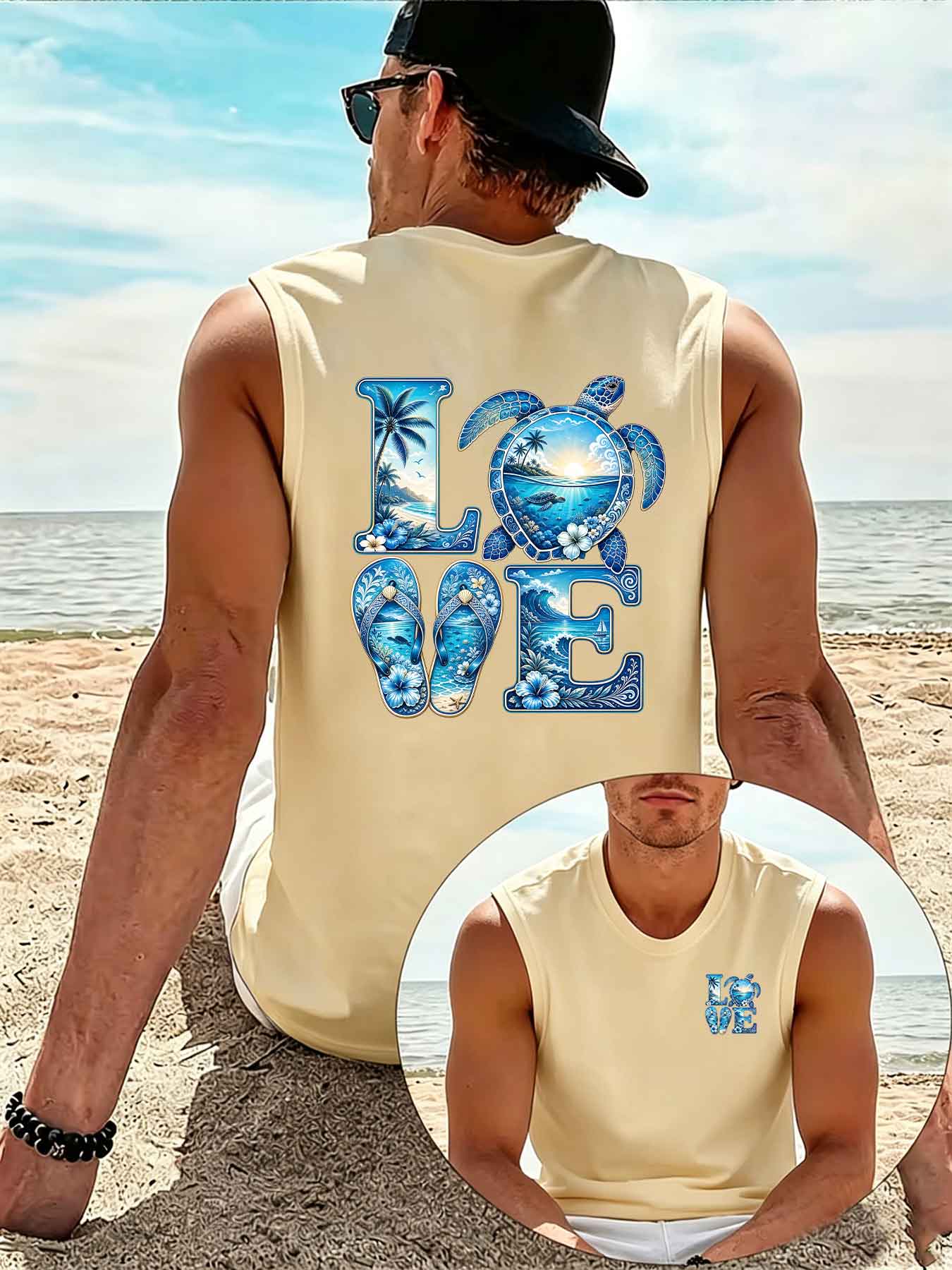 Débardeur Homme Sans Manches pour Vacances à la Plage, Motif LOVE Tortue de Mer, Palmier Tropical, Vague et Tongs, Coupe Ample, Été, Sport