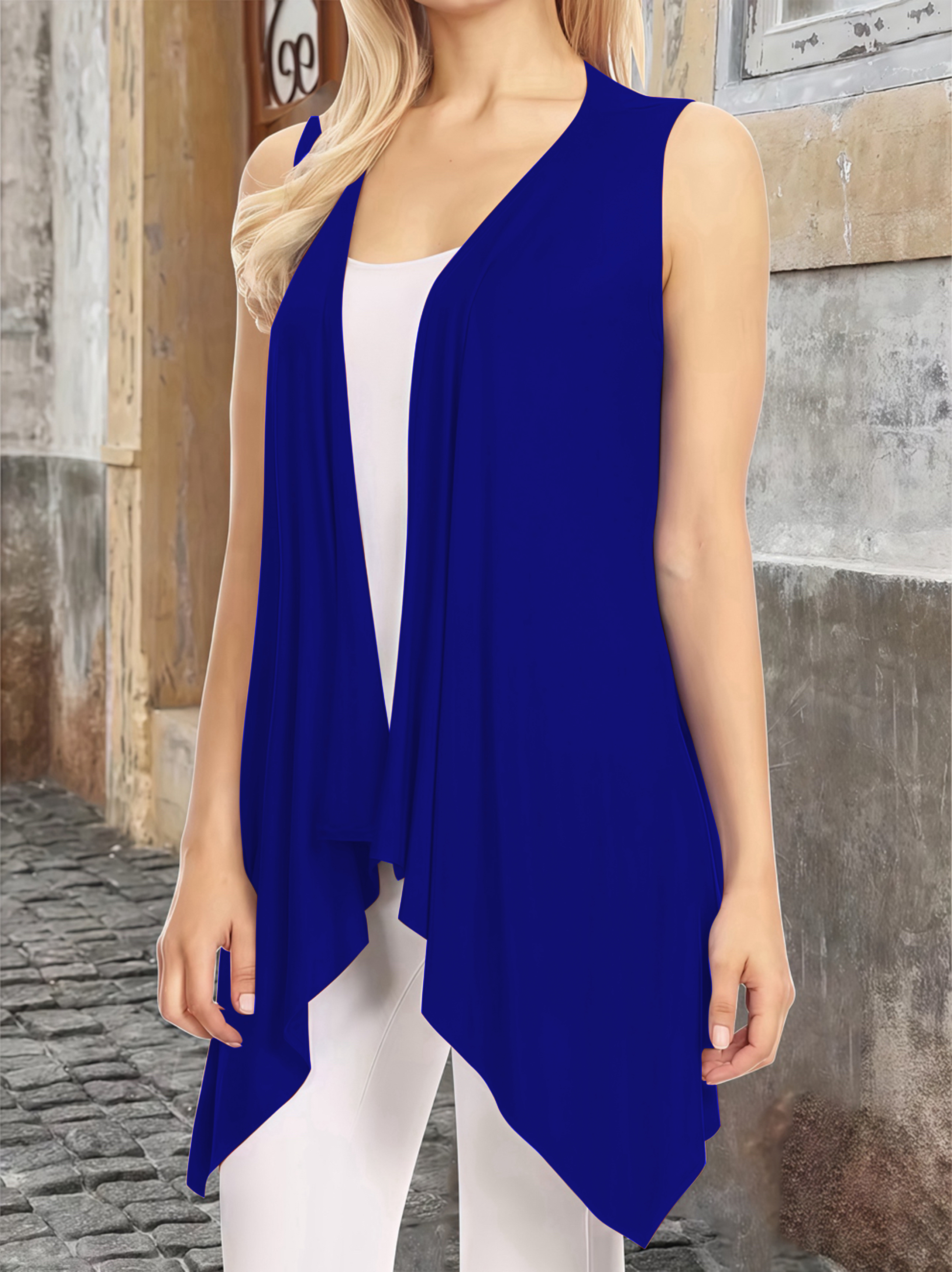 Gilet cardigan élégant sans manches ouvert sur le devant pour femme – Gilet long drapé léger de grande taille