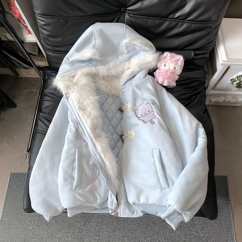 Parka Lolita brodée de dessin animé Style Preppy japonais pour femme, manteau à capuche en fourrure, Patchwork, Harajuku Y2k, vêtements chauds d'hiver