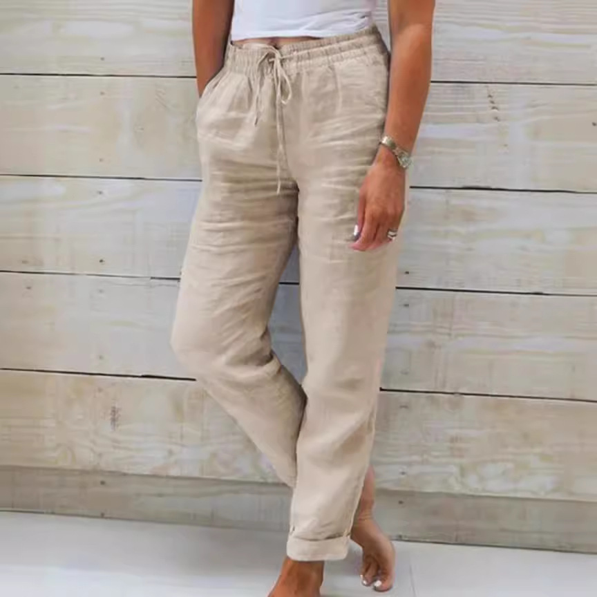 Pantalon décontracté femme 2026, nouvelle collection Europe, taille haute, coupe ajustée, couleur unie, en coton et lin, vêtements pour femmes