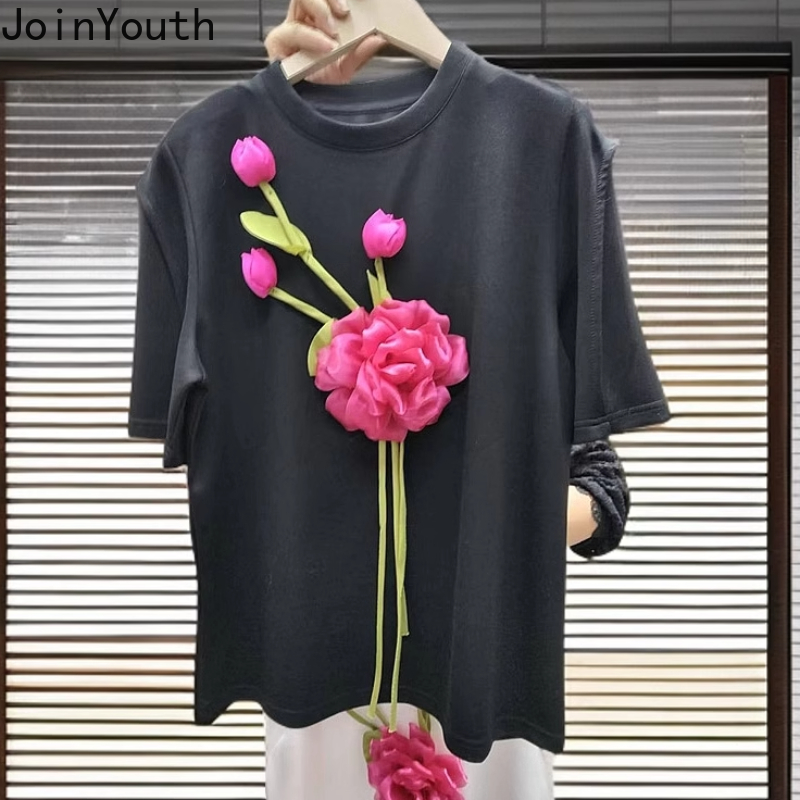 Chic 3D Floral t-shirts pour femmes 2025 Ropa Mujer à manches courtes col rond Camisetas t-shirts d'été décontracté doux ample blanc T-shirt