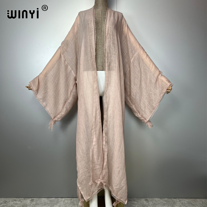 WINYI Kimono Bohème Nouveau Manteau Femme Ample à Pompons Longue Robe de Plage Vacances Couverture de Bain Robes de Soirée Luxe Dubaï Abaya