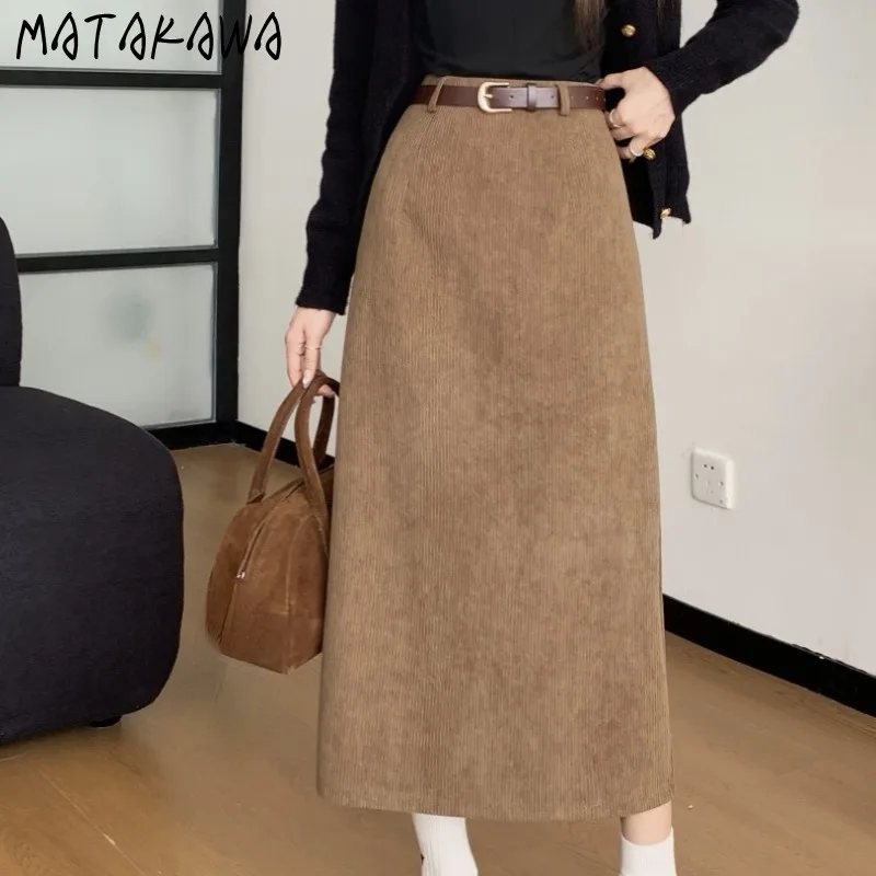 Matakawa-Jupe longue en velours côtelé pour femme, monochrome, ligne A, vintage, mode coréenne, taille haute, simple, automne, hiver