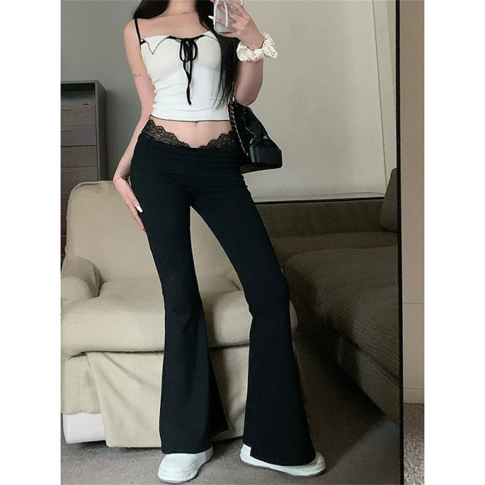2025 mode coréenne nouvelle dentelle taille haute mince pantalons décontractés femmes vêtements Flare pantalon Streetwear femmes pantalon noir