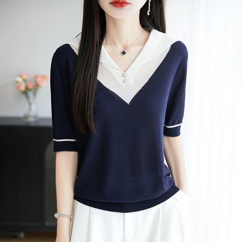 Vêtements pour femmes Chic grande taille T-shirts été nouveau marine évider demi manches tricot t-shirt ample dame col rabattu bouton haut