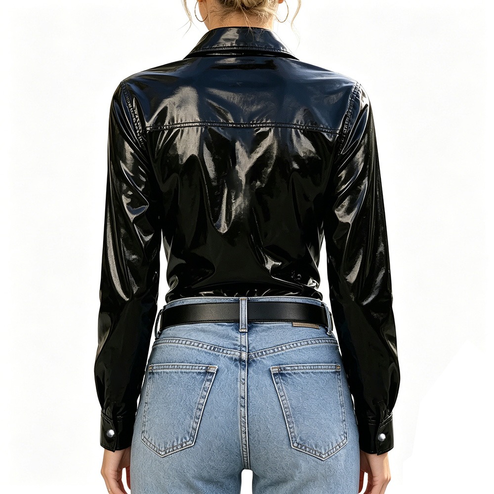 Chemisier Femme Grande Taille avec Poches, Effet Mouillé PVC, Manches Longues, Blouse Brillante en Similicuir PU, Hauts Boutonnés, Style Streetwear