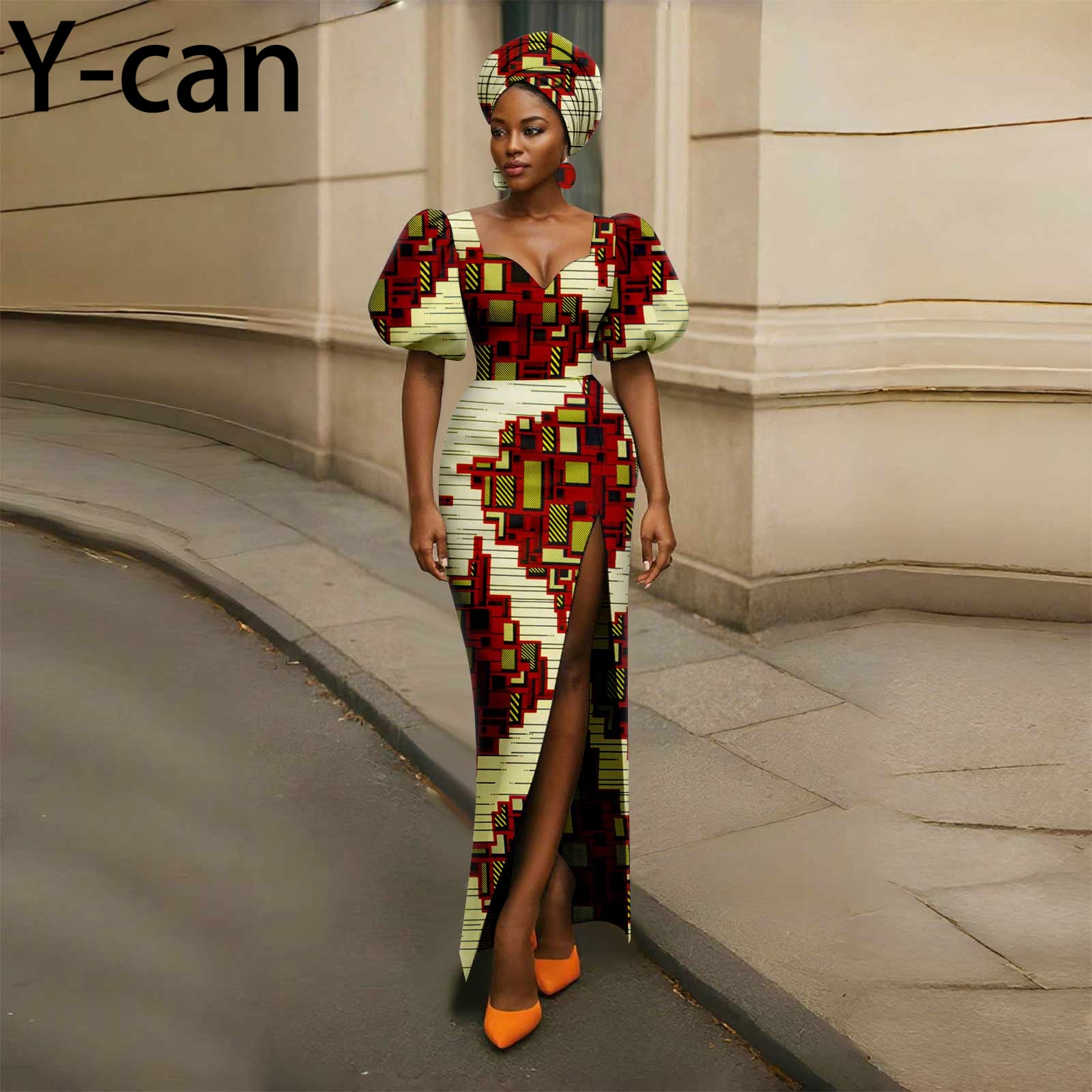 Robes africaines pour femmes, Sexy, mode, manches bouffantes, robe fendue avec foulard, boucles d'oreilles, Style africain, fête de mariage, 2525158