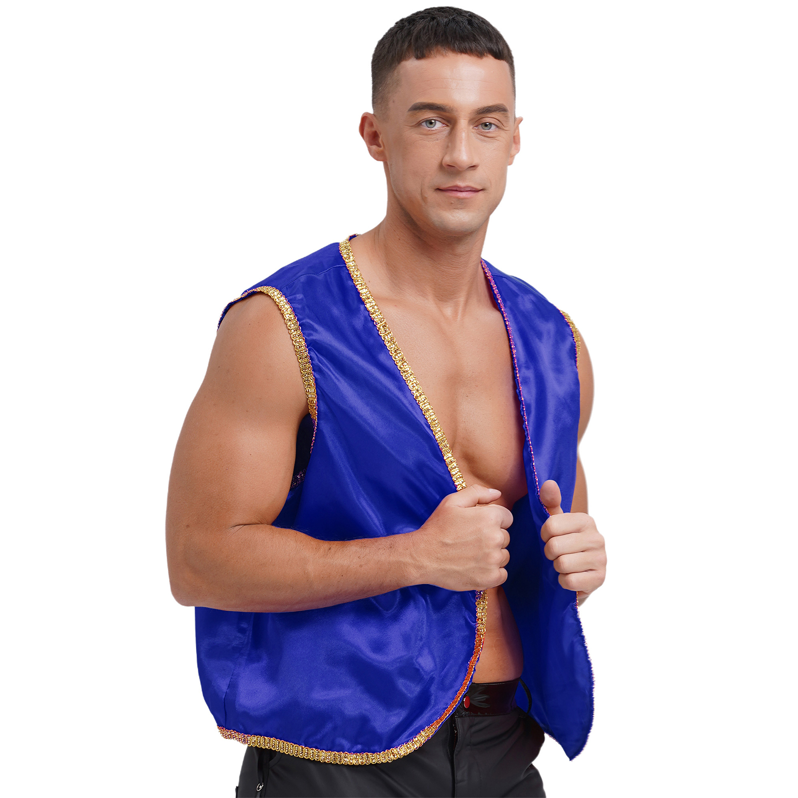 Gilet de Princesse Arabe pour Homme, Costume d'Aladdin, Gilet Brillant en Satin, Hauts de Cosplay Indien et Arabe pour Fête d'Halloween, Carnaval, Tenue de Danse