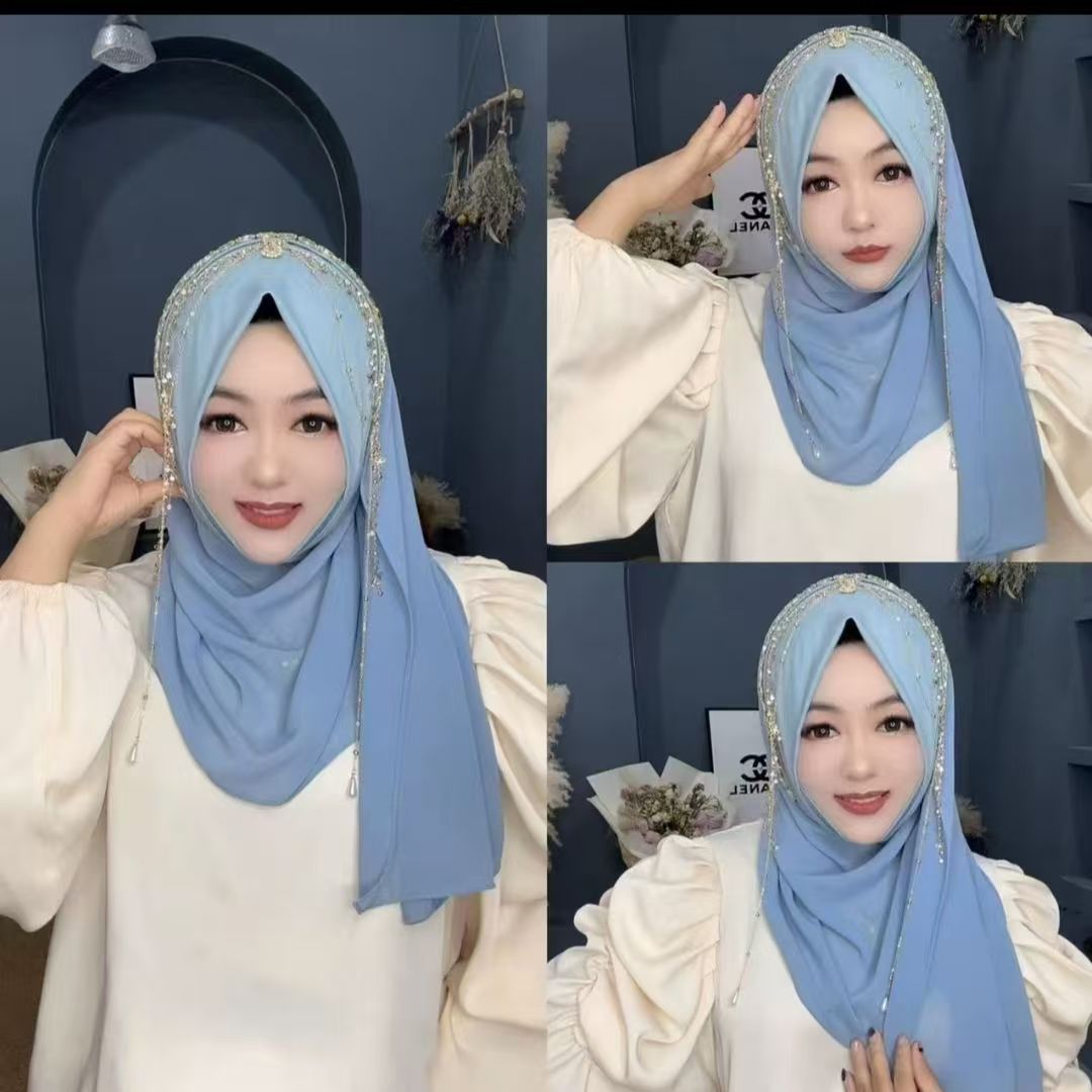 Hijabs pour femmes musulmanes bleus et roses avec perles et pompons, foulard de Ramadan, élégant pour les soirées, style malaisien, foulard Kufi islamique, été