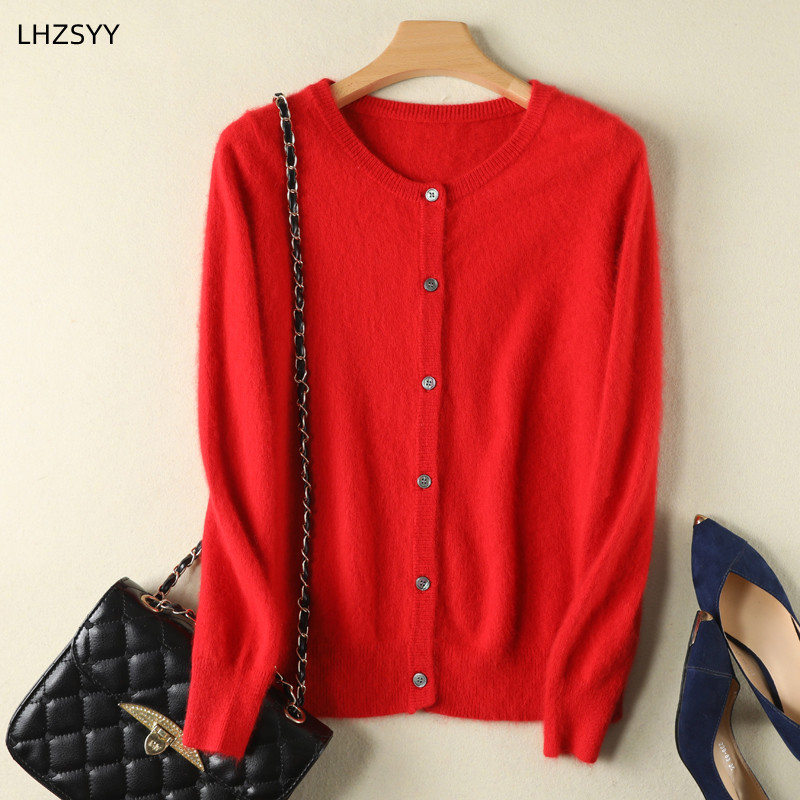 Femmes Cardigan grande taille chaud pur vison cachemire chandails col rond manteau ample femme pull dames veste solide tricot Cardigans