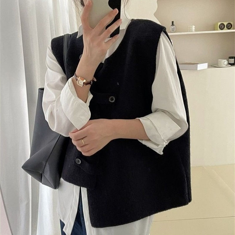 Femmes coréennes col rond gilet Cardigan 2025 dames couleur unie gilet vêtements d'extérieur automne hiver femme irrégulière sans manches manteau