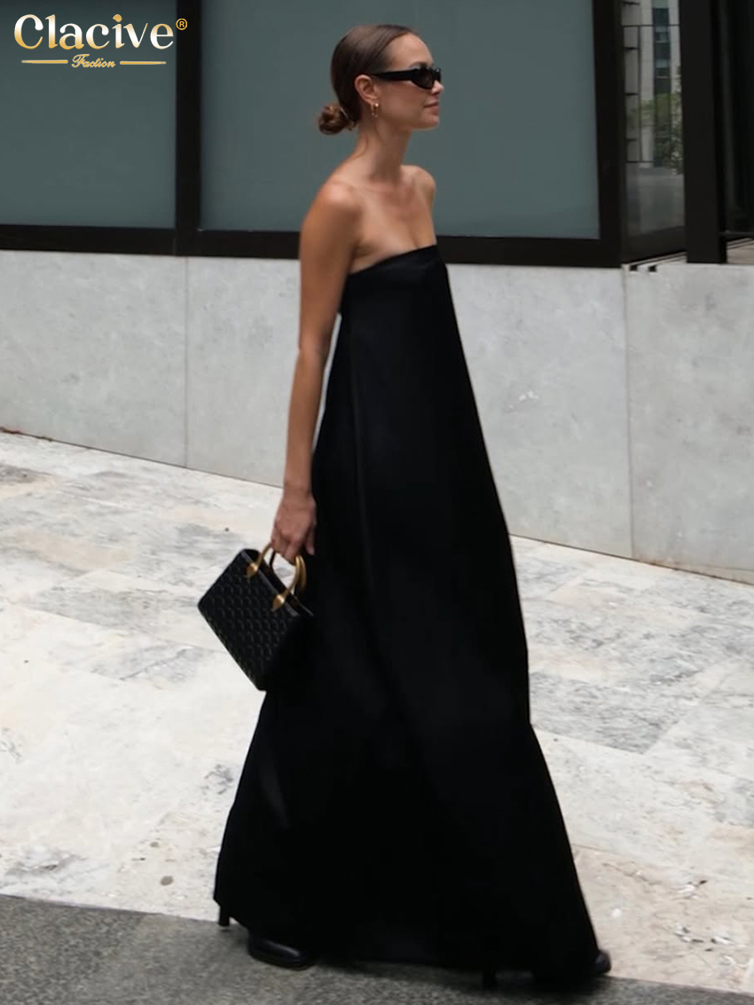 Clacive été ample noir femmes robe 2025 mode sans bretelles sans manches Maxi robes Sexy classique solide robe femme vêtements