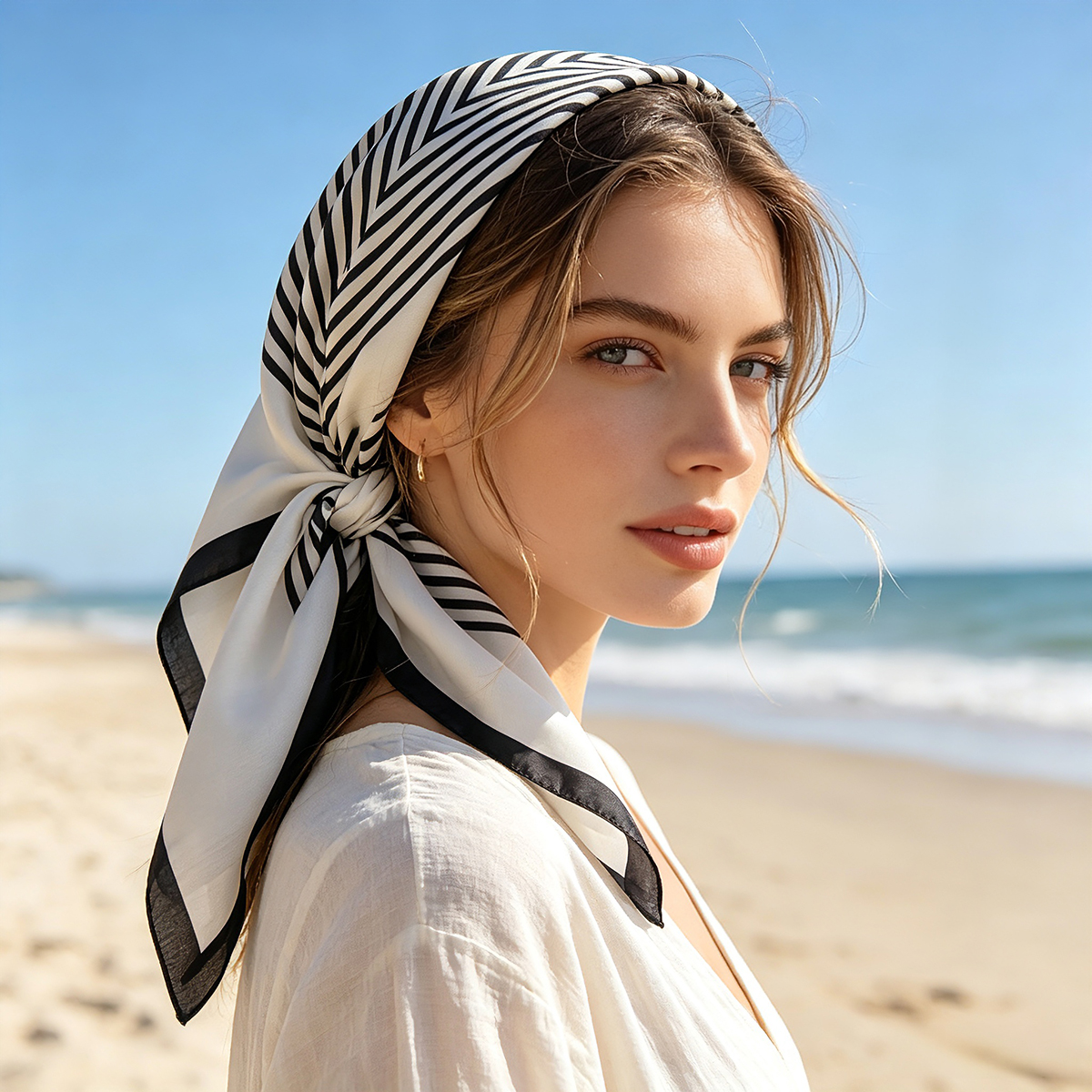 Foulard carré imprimé rayé 90*90cm pour femme, en satin doux, bandeau, cache-cou, accessoire de mode, hijab, bandeau pour femme