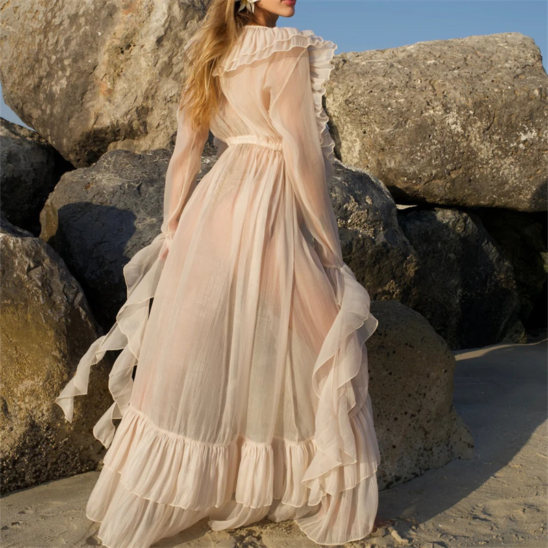Robe longue maxi en mousseline transparente à volants pour femme, style kimono fluide, ouverte sur le devant avec ceinture à nouer, idéale pour la plage et la natation en été