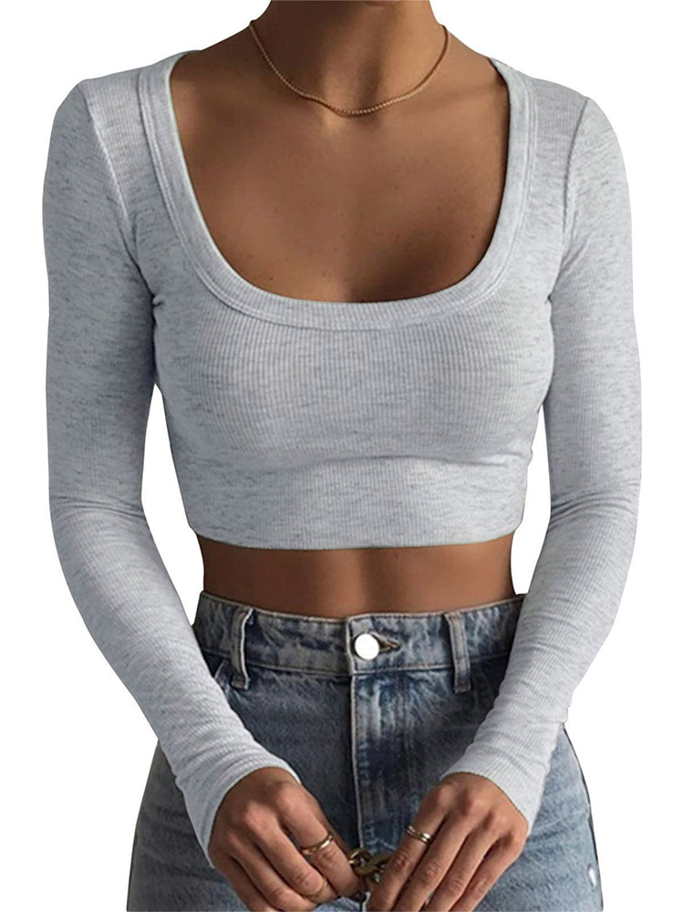 Chemise courte à manches longues pour femmes, col rond profond, couleur unie, tricot, hauts courts, rue décontracté, fête, rue, été, Y2k