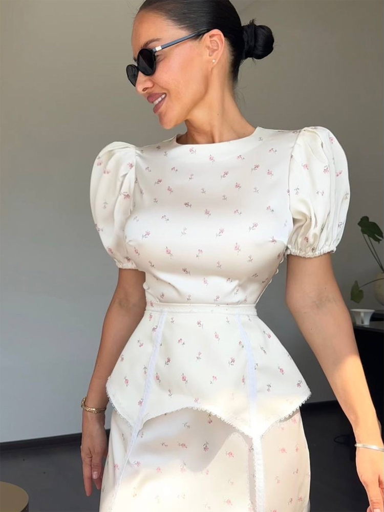 Ensemble jupe et haut en satin imprimé pour femme, col rond, manches courtes, taille haute, élégant, chic, tenue de ville, mode féminine 2026