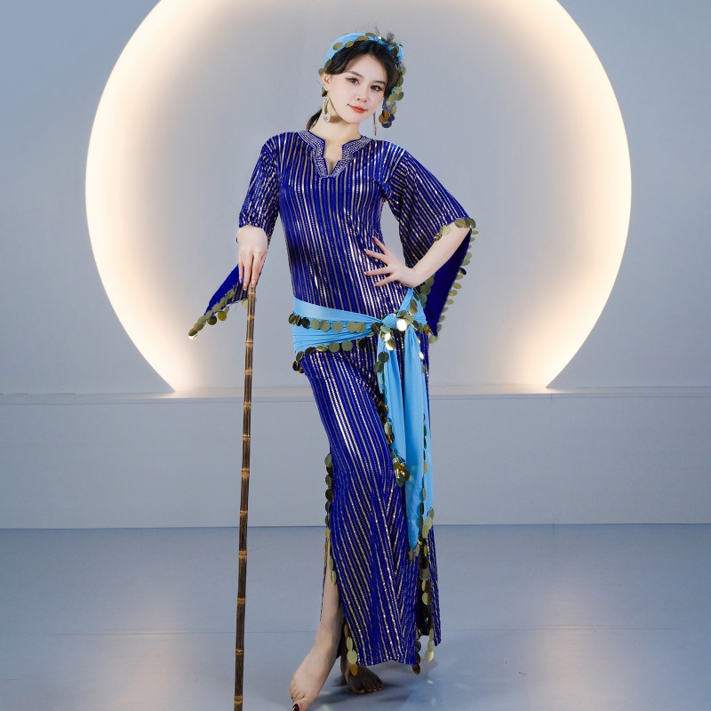 Tenue de danse orientale personnalisée, robe égyptienne, costume de danse folklorique Saidi avec cannes en rotin, broderie de sequins et rayures, pour femme 5096