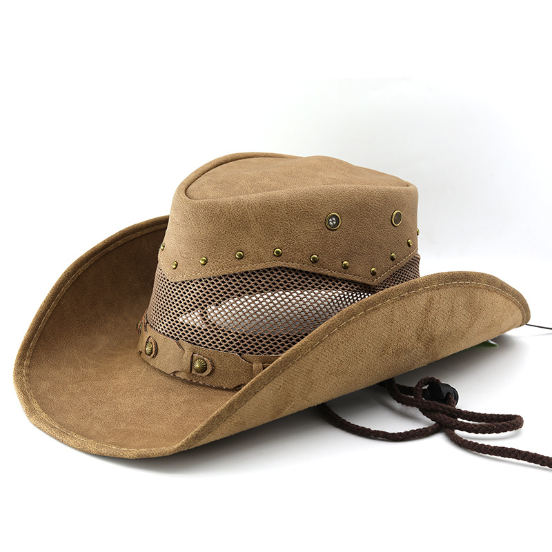 Nouveau Chapeau de Cowboy Western en Cuir Tendance pour Homme, à Large Bord, Style Gentleman, Chapeaux de Cowgirl, Chapeaux de Jazz Respirants avec Corde Coupe-Vent
