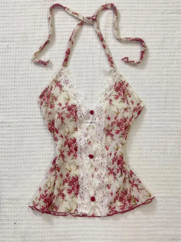 2025 été femme Floral licou dentelle Blouse 2025 Vintage Sexy Slim Fit fée mode coréenne femme hauts tenues Style élégant