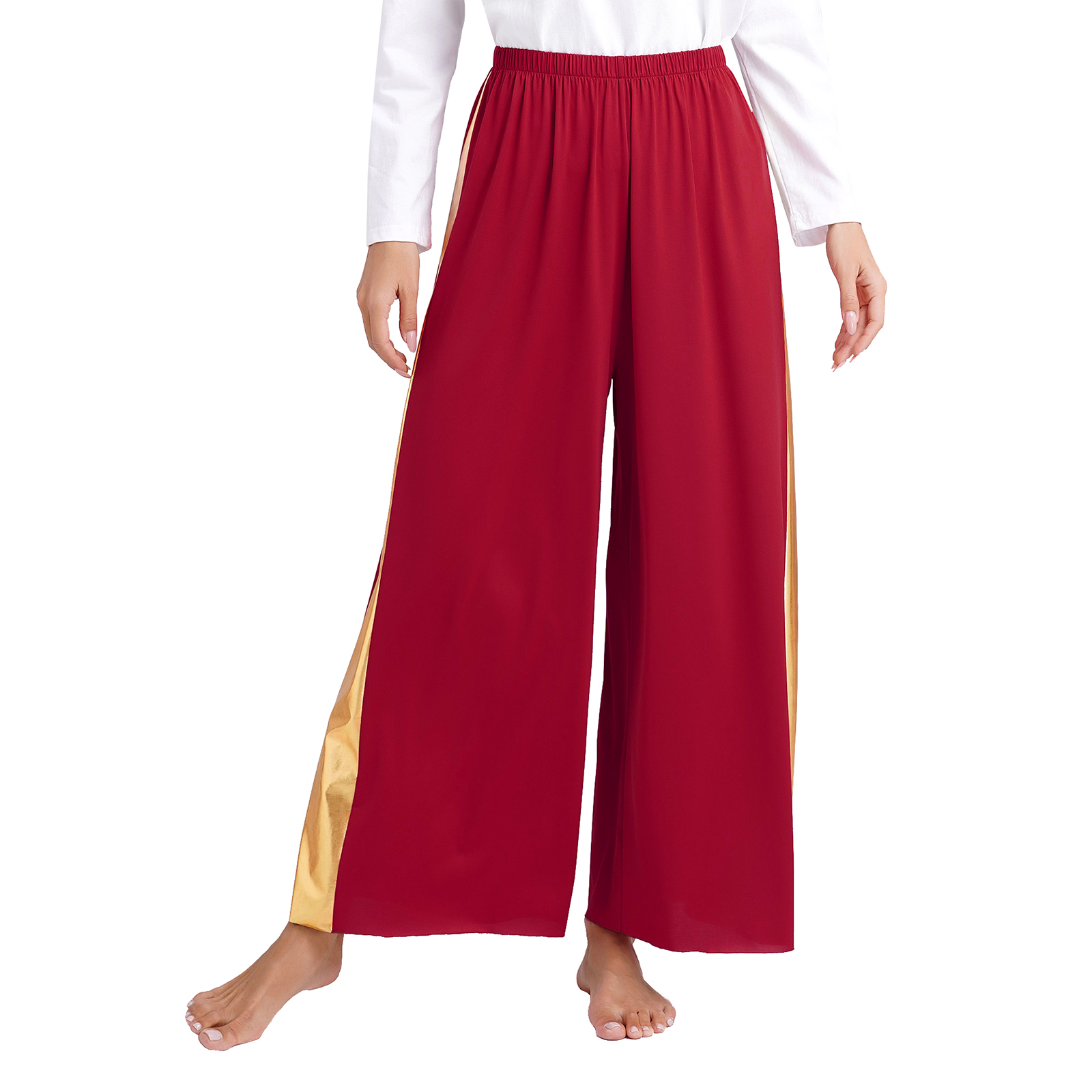 Tenue de danse liturgique pour femmes, manches longues, ourlet asymétrique, robe de couleur contrastée avec Patchwork métallique, pantalon à jambes larges