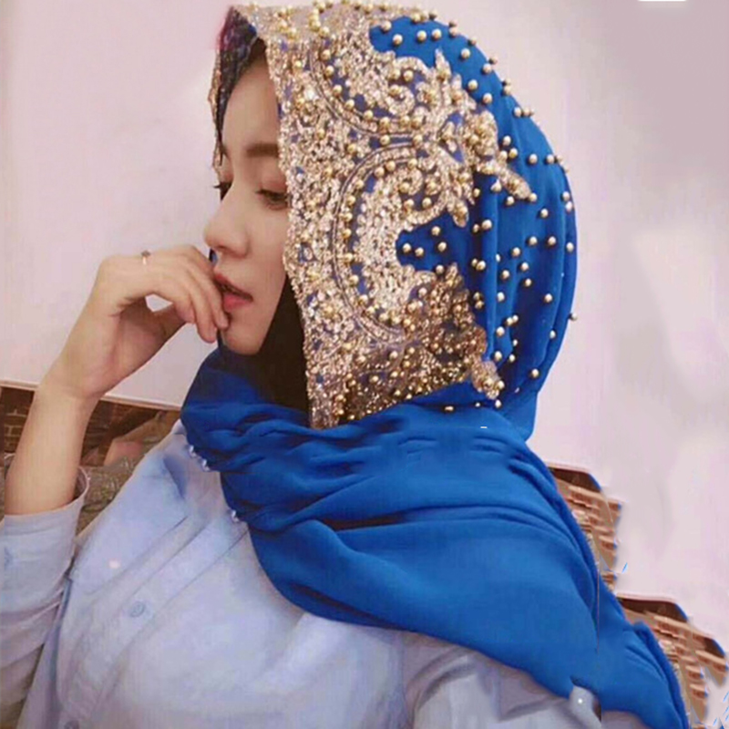 Mousseline de soie Hijab écharpe musulman islamique Hijabs foulards pour femme longs couvre-chef avec perle foulard châle enveloppement prière Turbante