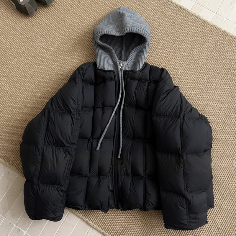 Parka pour femmes, veste matelassée en coton à capuche tricotée, effet deux pièces, coupe ample, chaude et épaisse, manteau d'extérieur pour femme.