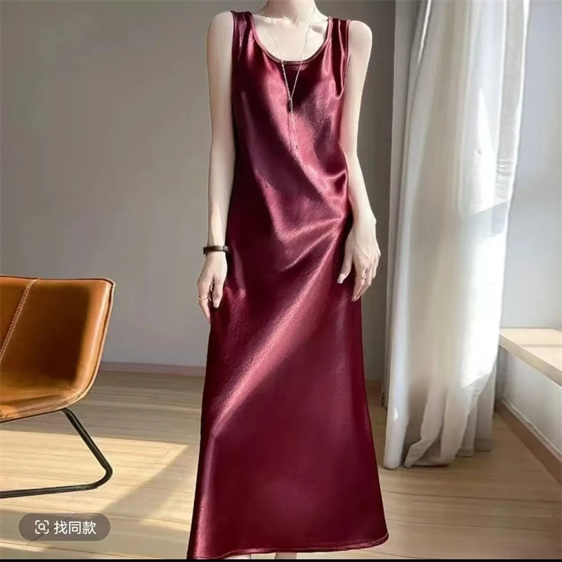 Robe maxi décontractée pour femmes, grande taille 5XL, robe longue en satin d'acétate haut de gamme, col rond, sans manches, vestidos pour femmes