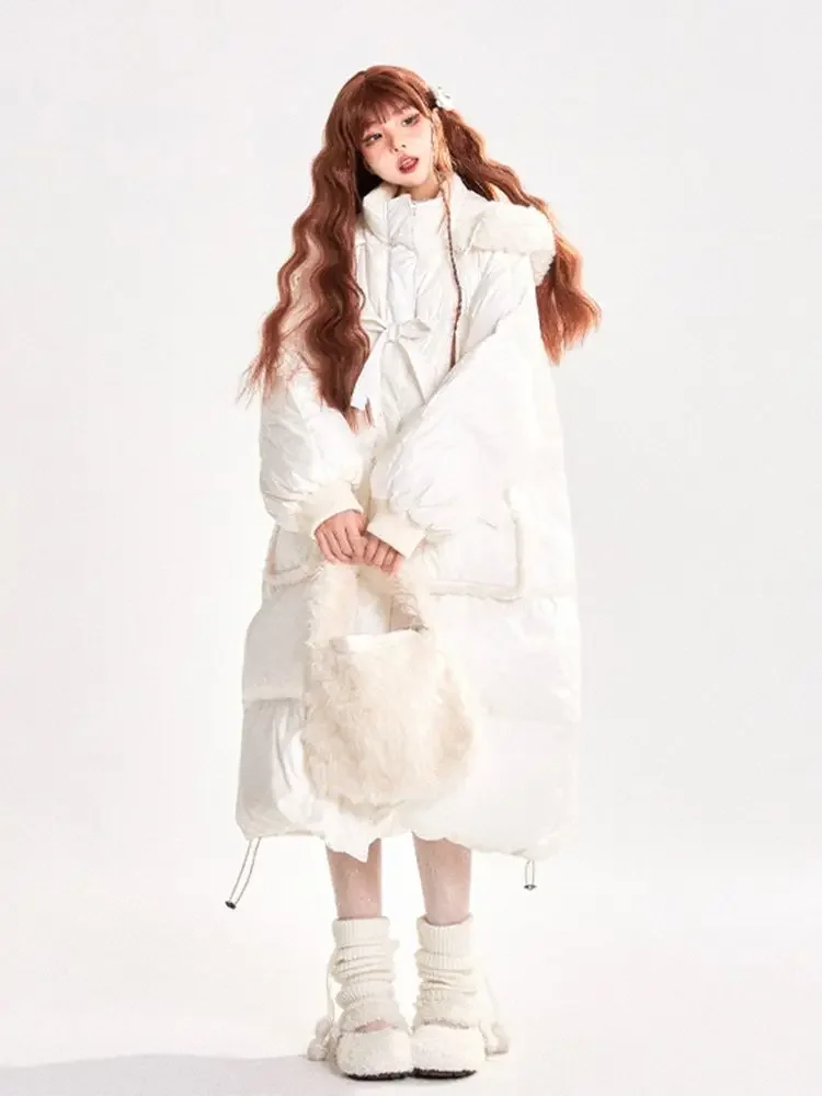 Doudoune blanche à capuche pour femme, vêtements d'hiver, mode coréenne, mi-longue, vêtements d'extérieur, ample, chaud, épais, matelassé, manteau Long pour femme