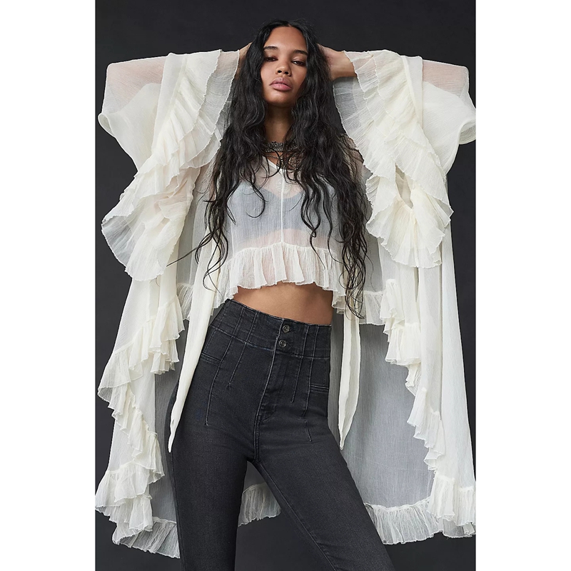 Chemisier cape pour femme à manches longues, transparent, sexy, avec volants et ourlet asymétrique, à nouer au cou