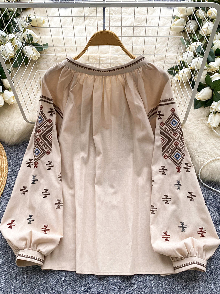 Femmes automne Blouse ample artistique rétro industrie lourde broderie nœud col rond lanterne manches chemise décontracté polyvalent haut BL270
