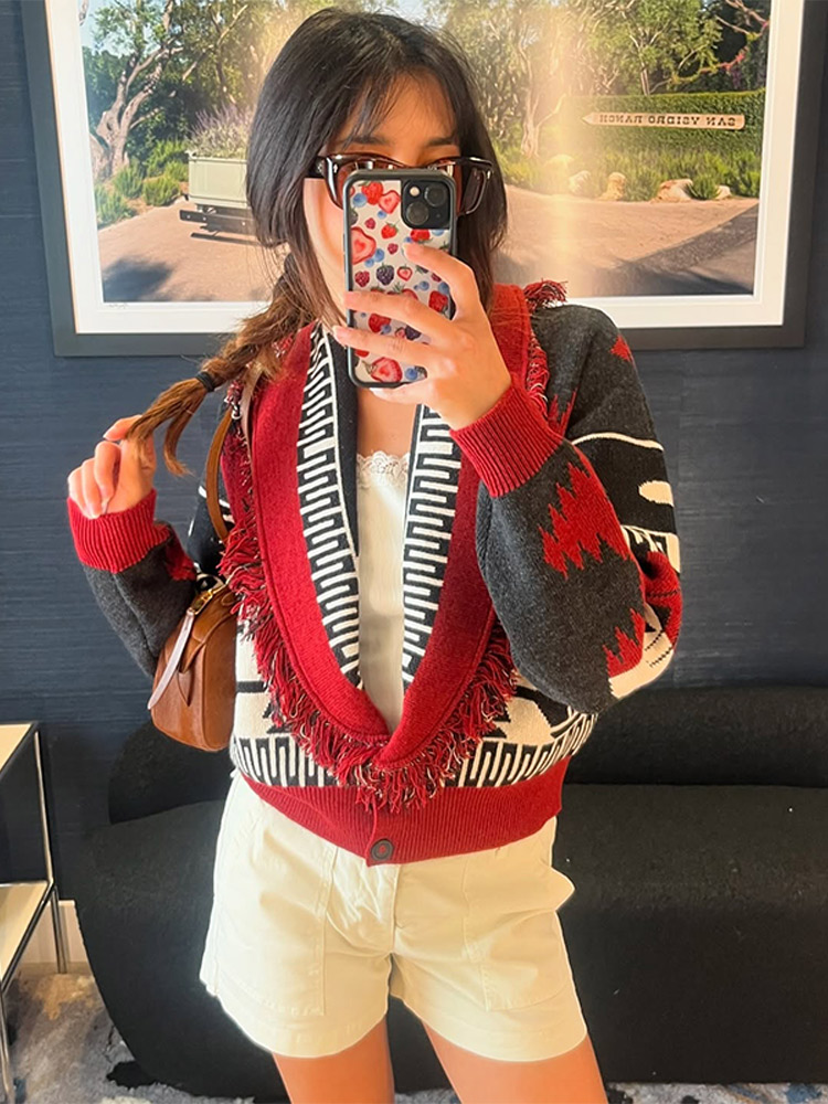 Mode frange imprimé tricoté gilet pour femmes décontracté sans manches cravate taille poches Cardigan manteau dame 2025 automne Chic vêtements d'extérieur