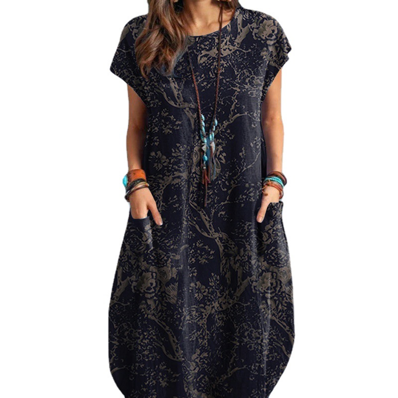 Robes pour femmes 2026 en coton et lin, imprimées végétales, col rond, poches, manches courtes, ourlet irrégulier, longueur genou, vêtements vestidoes