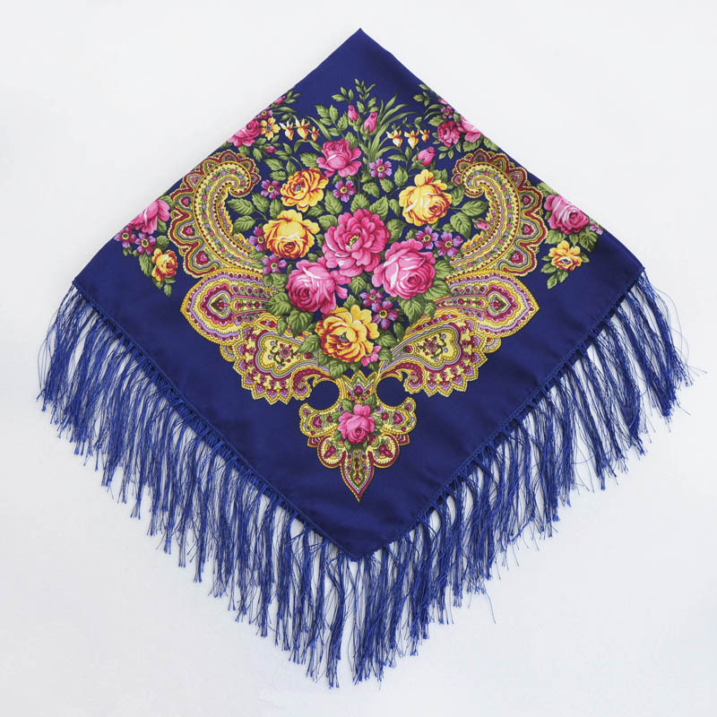 Foulard carré de Style National russe pour Femme, châle à franges, imprimé Floral, enveloppes de tête pour Femme, Hijab