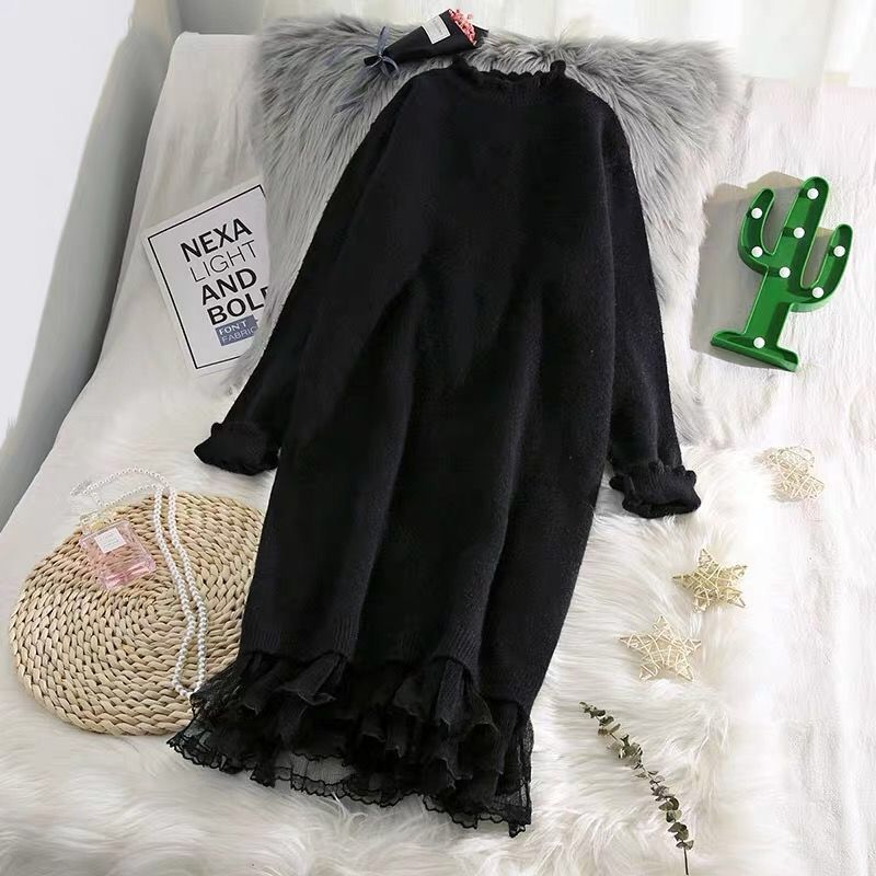 Robe pull en dentelle épissée pour femme, nouvelle collection automne-hiver 2026, style coréen, ample, longue, pull chaud en tricot pour femme