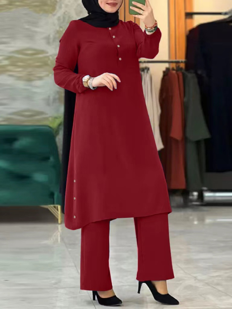Ensemble deux pièces pour femmes arabes Eid musulmanes, chemisier et pantalon à jambes larges, Ensemble musulman, ceinture, chemise à bouton unique, vêtements modestes du Ramadan