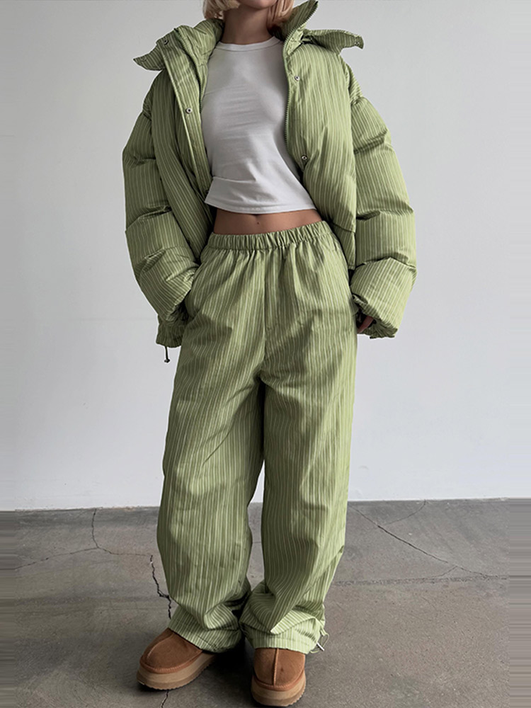 Ensemble décontracté rayé pour femme : Manteau et pantalon en coton, à capuche, avec fermetures éclair, épais, collection automne-hiver 2026, tenues féminines tendance