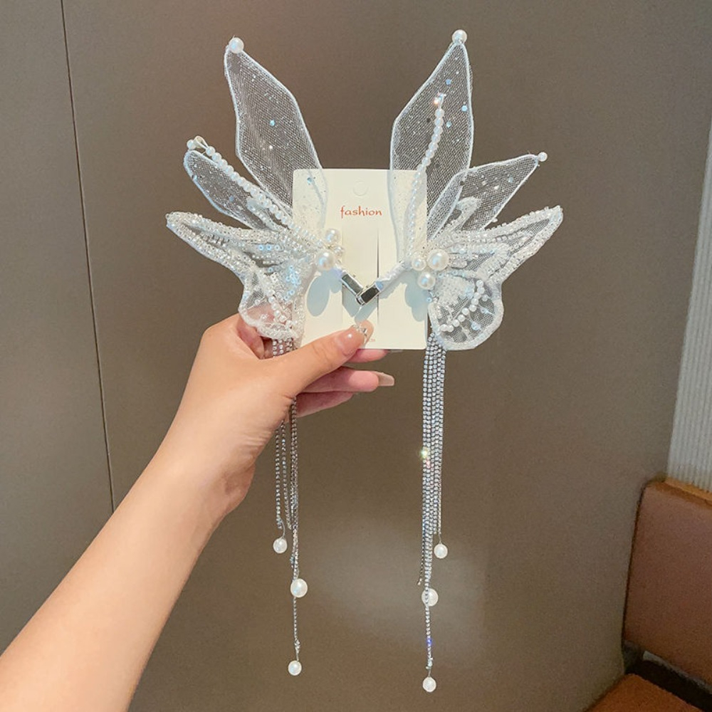 Pince à cheveux de mode haut de gamme, pince à cheveux féerique à pompon de perles, serre-tête ailes de papillon, accessoire de cheveux petite fée