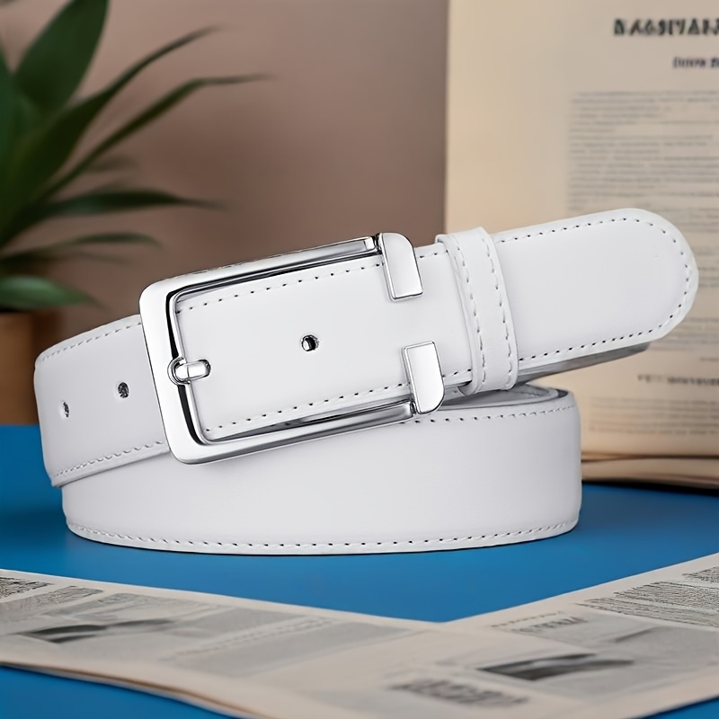 Ceinture de golf pour homme blanche/bleue, ceinture décontractée à boucle carrée embossée