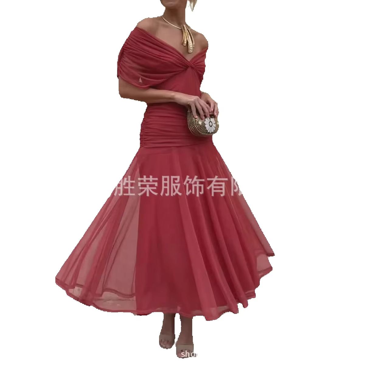 Robe à imprimé uni pour femmes européennes et américaines, col en V profond, taille cintrée, épaules dénudées, deux styles de port, grande jupe évasée