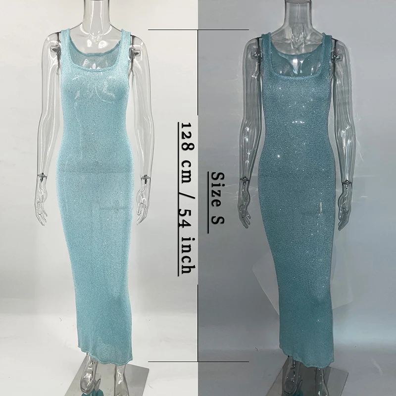 Robe Maxi tricotée à paillettes pour femmes, Slim, vacances, plage, dos nu, transparente, Sexy, été