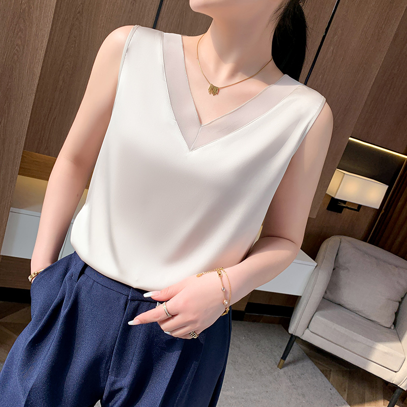 Inj-Camisole d'été en mousseline de soie pour femme, col en V, coutures en dentelle, élégant, délicat, confortable, t-shirt tout assressenti, GlaFashion, RW20
