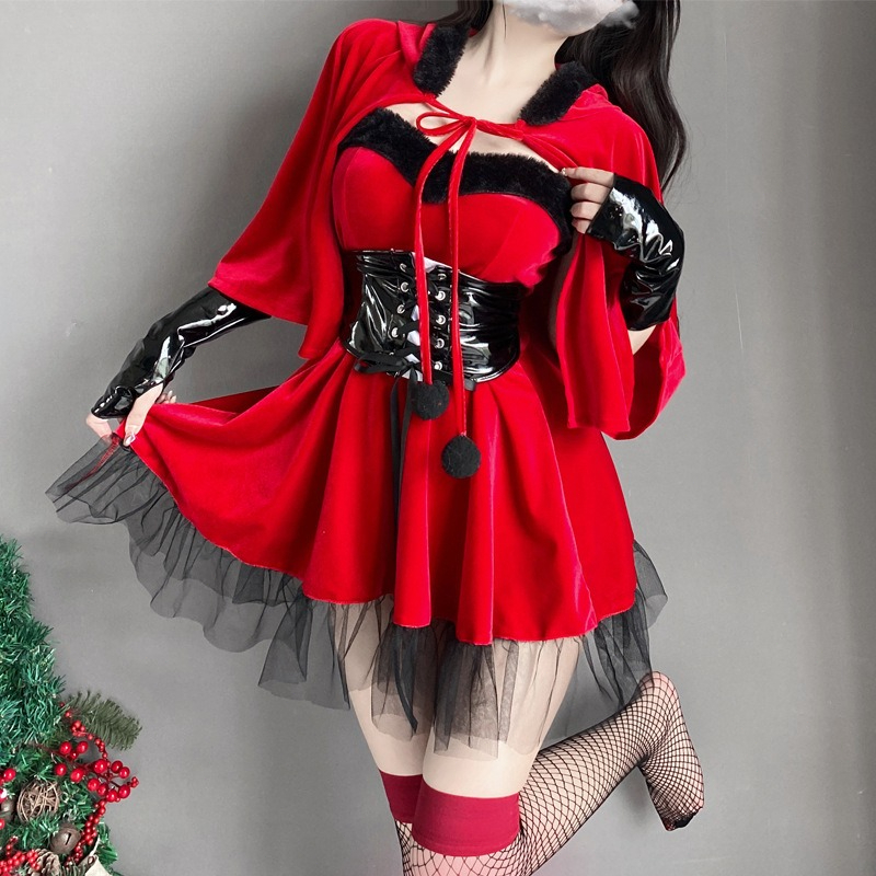 Costume de démon pour femme, robe en velours rouge, cape, ceinture, tenue de fête cosplay pour Halloween