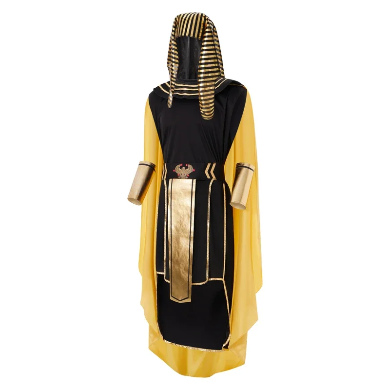 Ensemble de costumes égyptiens pour hommes, 7 pièces, garniture dorée, débardeur, jupe, manches de bras, couvre-chef, collier, tenues de fête Cosplay